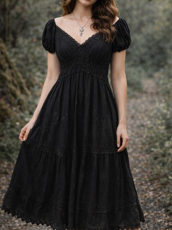 Source Unknown Dresses & Skirts - Black Dark Cottagecore Whimsigoth Midi Dress Romantic Lace Crochet Embroidery